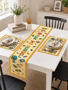 1pc-Back To School Table Runner And Placemats Set, Yellow Alphabet School Supplies Print Dining Decor, Farmhouse Kitchen Table Mats For Fall Classroom Party Home Decoration - Multicolor - View 7