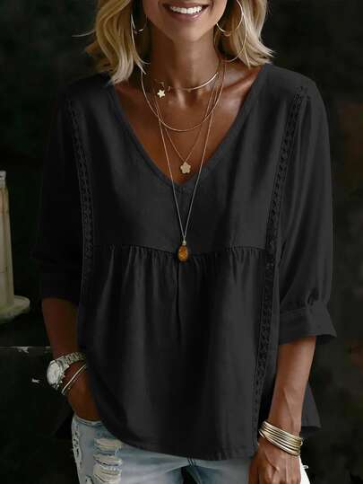 Casual Lace V-Neck 3/4 Sleeve Top Black, Effortless Style