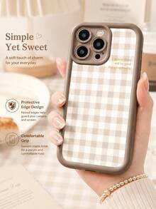 1件清新療癒風Ins女孩風格格紋圖案與勵志金句「我相信好事會發生」全包防震手機殼，適用系列，精準開孔 - 彩色 - 查看 6