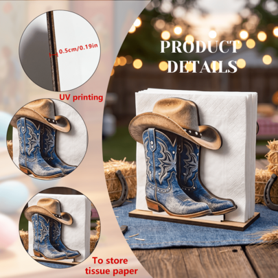 1/2 pièces Porte-serviettes en bois de style occidental avec imprimé chapeau de cowboy et bottes, support autoportant pour mouchoirs, décoration pour comptoir de cuisine de ferme de campagne, table à manger, barbecue et fête