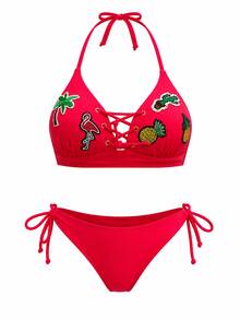 Biquíni feminino OcenaSun10 com bojo triangular, bojo fixo, bordado tropical e calcinha com amarração lateral. - Vermelho - Ver 3