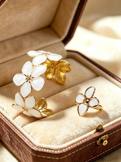 Bộ 2 món vòng tay và nhẫn nữ phong cách tối giản thời trang retro thanh lịch dịu dàng, thiết kế hoa sứ tráng men giả giọt dầu, thép không gỉ, trang sức phù hợp đeo hàng ngày/tiệc sân vườn/đi làm/ăn tối/lễ hội âm nhạc/quà tặng ngày lễ cho bạn gái