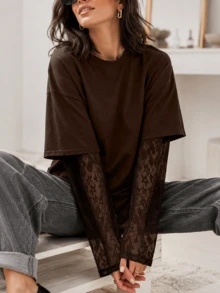 1件女款深棕色春夏秋休閒日常購物派對舒適時尚寬鬆版型通勤返校公園音樂節蕾絲拼接長袖基本款T恤 - 深棕色 - 查看 6