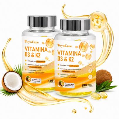  ToyoCare Vitamina D3 + K2 10.000 UI, 150 Cápsulas Blandas con Aceite de Coco Virgen, Suplemento 2 en 1, Apoyo Nutricional para Huesos