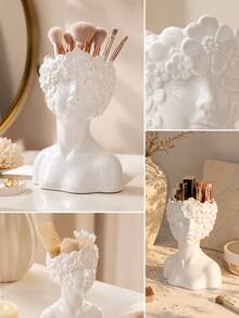 French Style Glossy White Floral Relief Bust Resin Storage Box, Multi-Functional Makeup Brush Holder, Pen Holder And Dried Flower Vase, Vanity Decor, Artistic Birthday Gift For Her - Face Storage - View 4