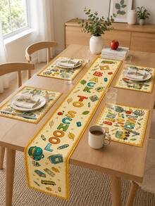 1pc-Back To School Table Runner And Placemats Set, Yellow Alphabet School Supplies Print Dining Decor, Farmhouse Kitchen Table Mats For Fall Classroom Party Home Decoration - Multicolor - View 4