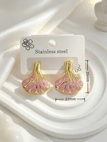 Vintage Fan-Shaped Color-Block Enamel Stainless Steel Earrings, Colorful Ginkgo Leaf Gold-Trim Exaggerated Stud Earrings, Women's Fashion Jewelry, Waterproof Hypoallergenic Elegant Daily Commute Party Gift Earrings - Multicolor - View 6