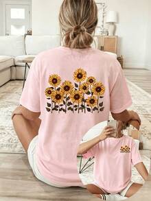 Women's Cotton T-Shirt, Round Neck, Short Sleeves, With Sunflower Print. Breathable, Comfortable, Casual And Bohemian Style, Ideal For Spring And Summer, Everyday Wear. - 粉色 - 查看 12