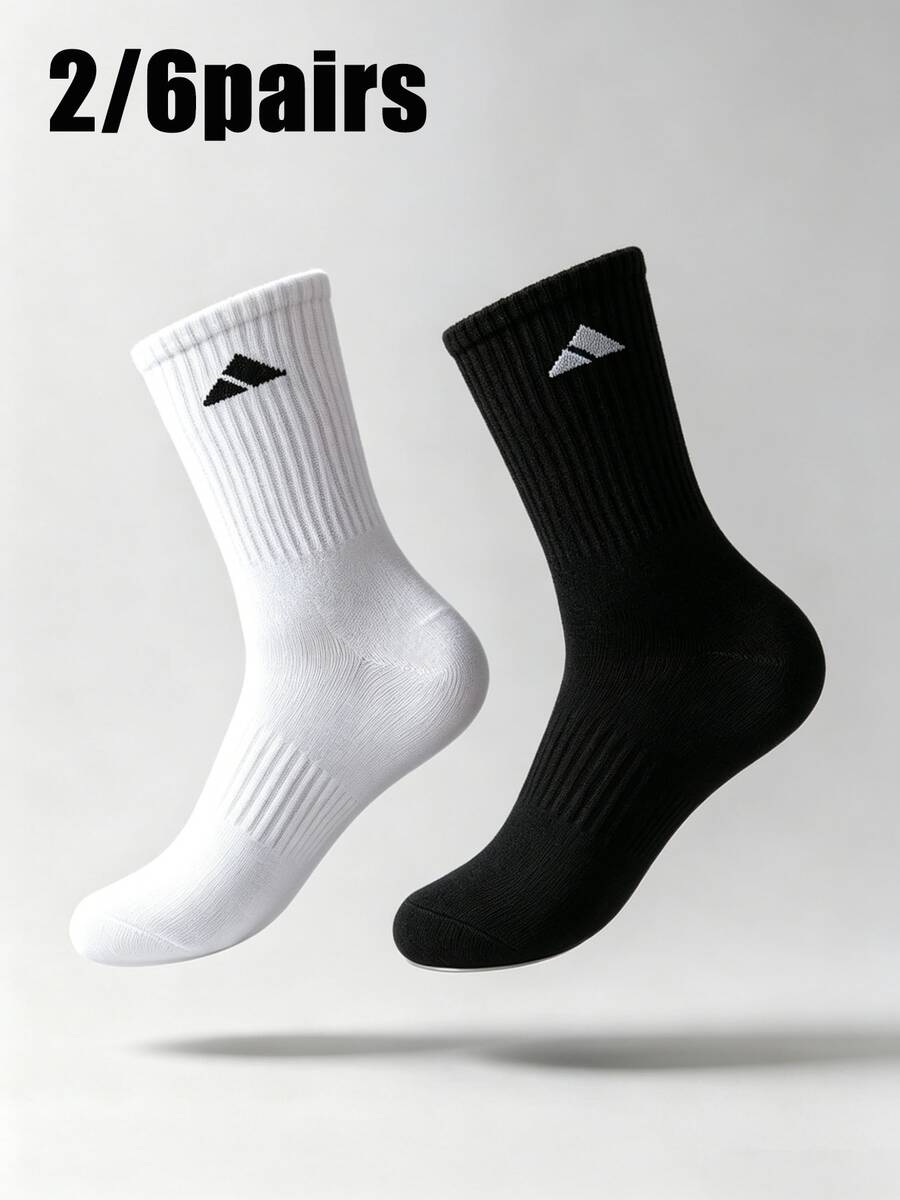 2/6 Pairs Men's Ribbed Mid-Calf Socks, Non-Slip Cuff Athletic Golf Socks, Daily Wear Socks For Young Men In European & American Style - Multicolor - View 1