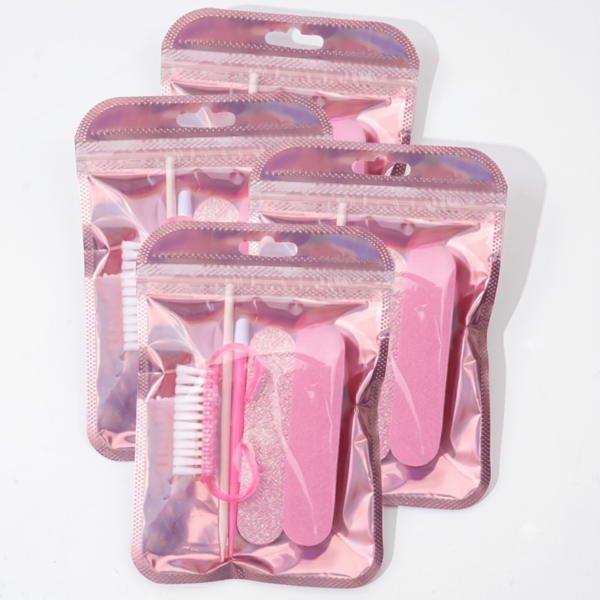 1/5/10/20 Sets Pink Manicure & Pedicure Care Kit, Includes 1 Double-Sided Nail File, 1 Cuticle Pusher, 1 Wooden Stick, 1 Polishing Strip, 1 Cleaning Brush