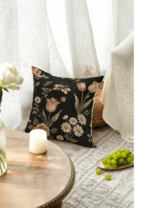 1/2/4Pcs 2D Flat Printed Exquisite Floral Pattern Single-Sided Printed Pillowcase Sofa Cover - Non-True Embroidery, Home Decor Pillowcase - Black and Pink - View 7