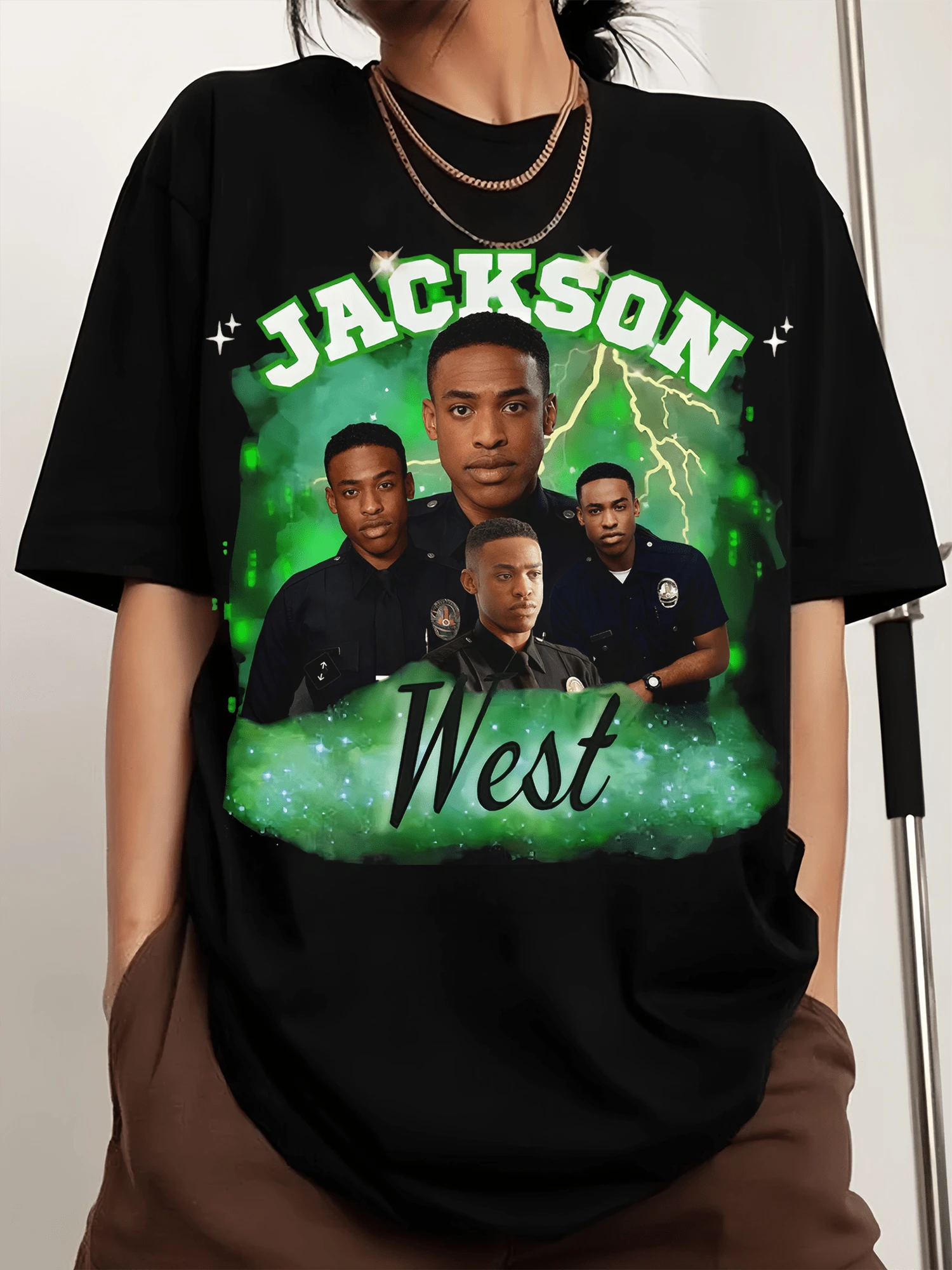 The Rookie Jackson West 90s Bootleg Style T-Shirt With Crew Neck, Printed Men's Fashion Short Sleeve Sports T-Shirt. - 黑色 - 查看 1
