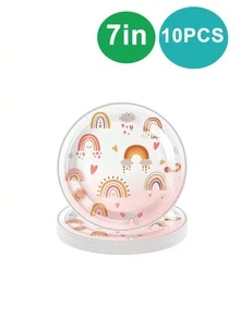 10件組粉色波希米亞彩虹生日餐盤與餐巾派對餐具套裝，包含7"/9"紙盤與9oz紙杯，適用於生日派對 - 彩色 - 查看 4