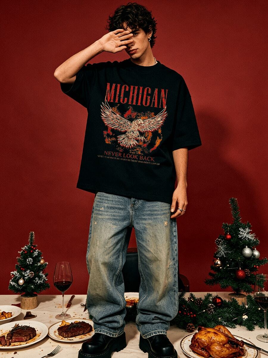 Herren Sommer Lässig Weiches Rundhals Kurzarm T-Shirt,Der Michigan Vintage Slogan Muster Grafik ist geeignet für den täglichen Gebrauch. - Schwarz - Übersicht 1