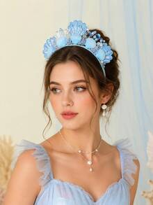 1 pieza Diadema de simulación de concha de sirena azul, accesorio para el cabello con tema marino lindo, adecuado para bodas temáticas, fiestas de cumpleaños y uso diario - Azul - Ver 1