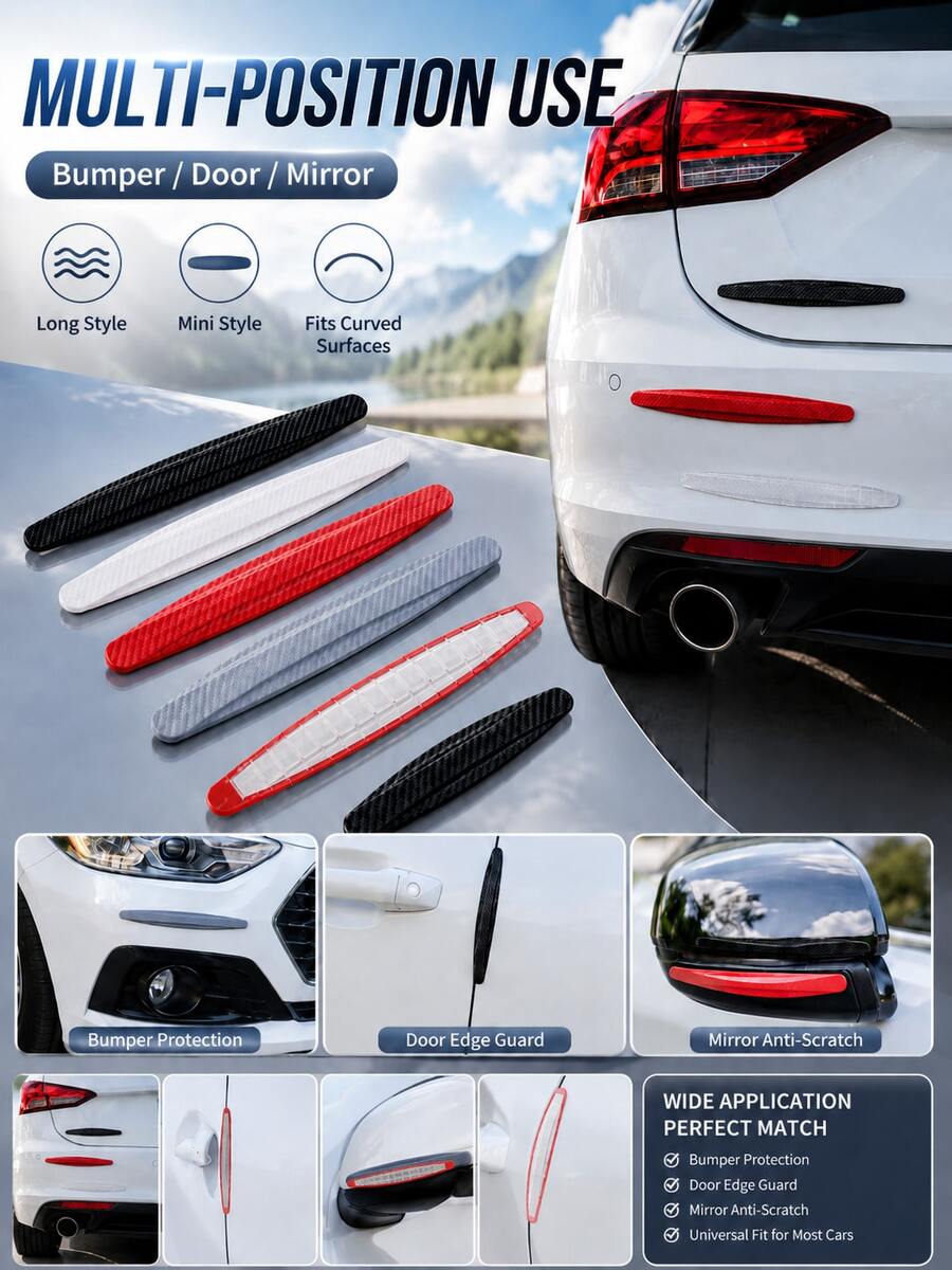 2Pcs Car Bumper Protector Strip, Carbon Fiber Texture Anti-Scratch Anti-Collision Guard, Universal Front & Rear Bumper Corner Protection Trim For Car Door Edge & Mirror, Self-Adhesive Auto Exterior Accessories