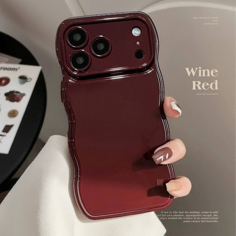 1pc GUCADI Autumn/Winter Season Mulberry Red Solid Color Wavy Edge Phone Case Compatible With Apple IPhone 16/15/14/13/12/11 Series - Burgundy - View 1