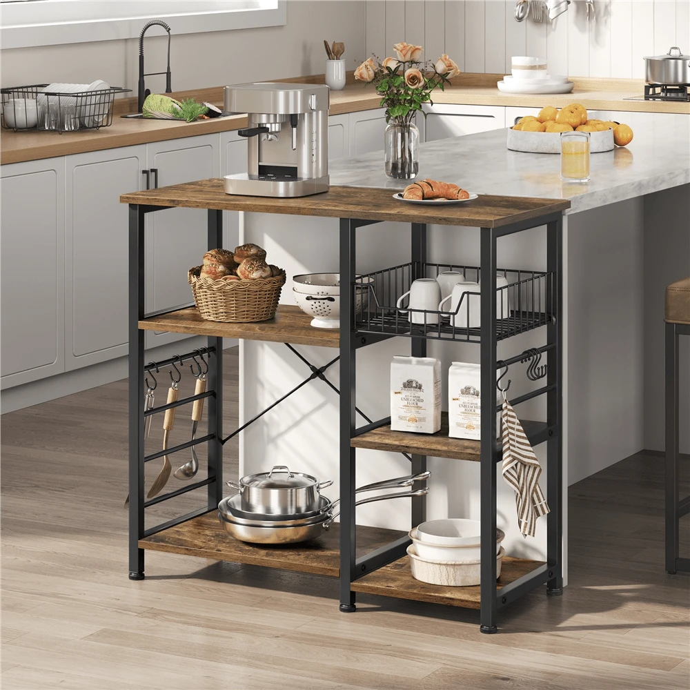 Butterslay 1pc Rustic Industrial Baker's Rack Microwave Cart With Open Storage Shelves And Hooks Utility Storage Shelf For Kitchen - Rustic Brown - 查看 1