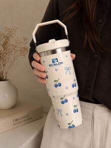 1個 30oz/900ML SCALON 藍莓圖案大容量保溫隨行杯，附手把與吸管，相容汽車杯架，返校季適用 - 彩色 - 查看 12