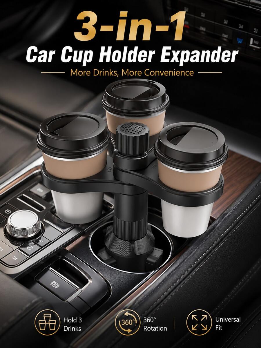 Universal 3-In-1 Car Cup Holder Expander, 360° Rotating Multi-Cup Adapter, Adjustable Base Car Interior Beverage Storage Rack - A - View 1