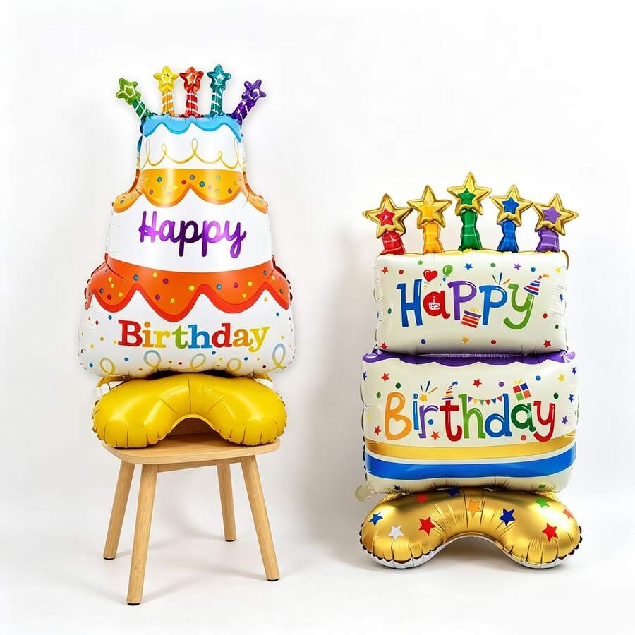 2個裝 站立式底座生日蛋糕氣球 星形蛋糕氣球 3層彩色生日蛋糕氣球 適用於生日派對 週年慶祝裝飾 - 彩色 - 查看 1