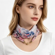 1pc Women's Magnetic Buckle Scarf, Ditsy Floral Lightweight Translucent Chiffon Neck Scarf, Decorative Travel & Photography Clothing Accessory, Slouchy Quick & Easy Tie Scarf, Ditsy Floral Pattern Print With Exquisite Scarf Buckle Decoration, Suitable For Daily Commute, Casual, Party, Travel, Photography, Minimalist & Fashion Style, Very Lightweight, More Suitable As A Decorative Accessory - Multicolor - View 3
