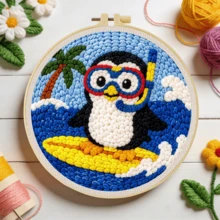 DIY Punch Needle Embroidery Kit, Includes Punch Needle, Thread, Instructions, Embroidery Hoop And Pre-Printed Pattern Fabric, Surfing Animal Pattern, Suitable For Home Wall Decoration, Perfect Gift For Family And Friends. 20X20cm(7.87X7.87 Inches) - A - View 3