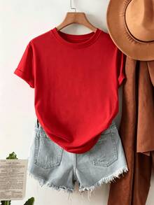 Women's Cotton T-Shirt, Round Neck, Short Sleeves, With Sunflower Print. Breathable, Comfortable, Casual And Bohemian Style, Ideal For Spring And Summer, Everyday Wear. - 紅色 - 查看 3