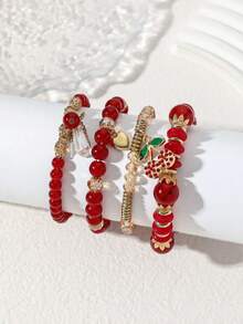 Set Gelang Manik-Manik ABS Merah dan Liontin Ceri Multifungsi 4 Buah/Set, Cocok untuk Pemakaian Sehari-hari dan Liburan Wanita - Merah - View 4