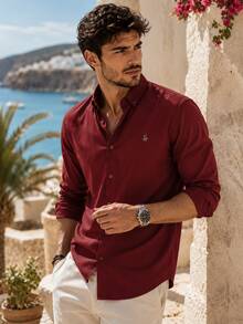 Camisa casual y versátil de unicolor para hombres - Burdeos - Ver 1