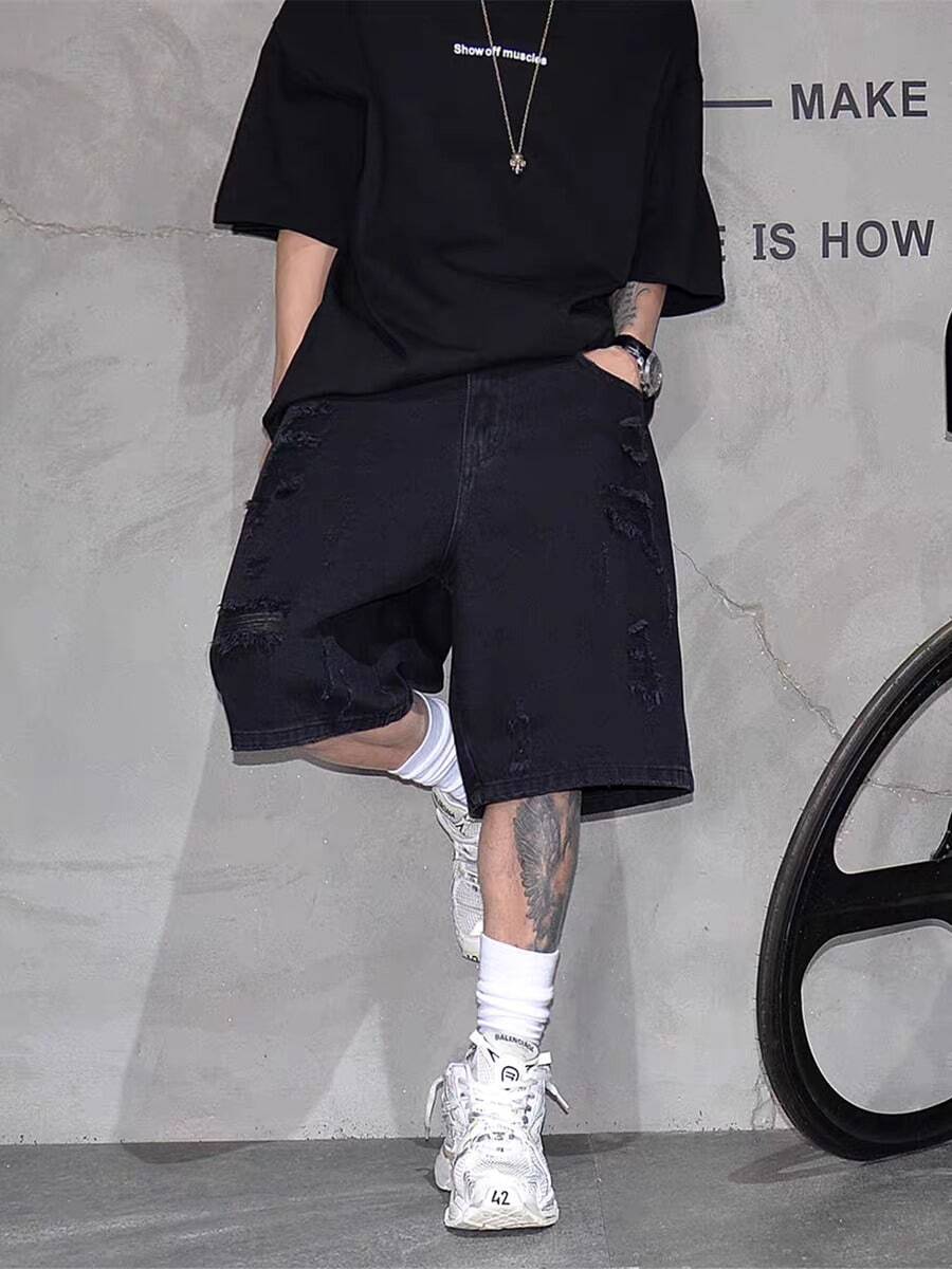Men's Ripped Relaxed Fit Denim Knee Length Shorts - Black - View 1