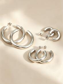6pcs Set Minimalist Stainless Steel Rings And Earrings, Suitable For Women - Silver - View 1