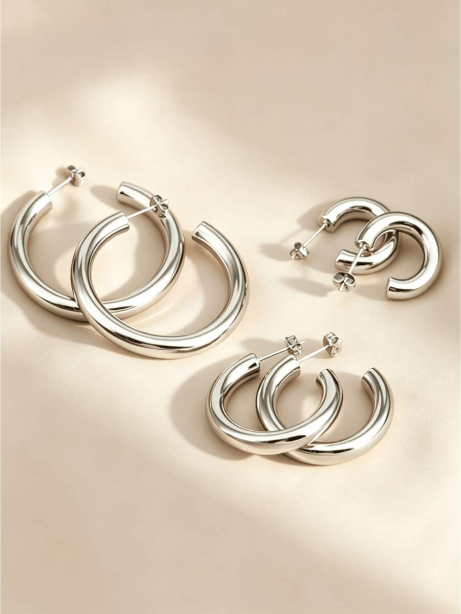6pcs Set Minimalist Stainless Steel Rings And Earrings, Suitable For Women - Silver - View 1