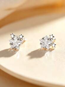 1 Pair S925 Sterling Silver Exquisite Small Romantic Star Design Inlaid Synthetic Zirconia Stud Earrings Elegant Elegant Women's Quality Jewelry, Beautiful Gift For Loved Ones - Silver - View 3