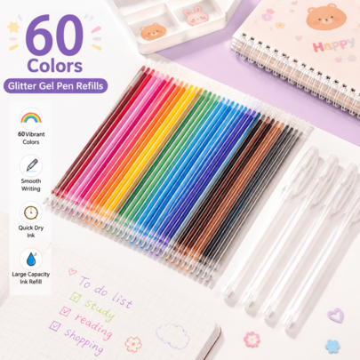 Ensemble de 48 recharges de stylos gel pailletés, recharges d'encre à pointe fine pour une écriture fluide pour l'art, l'artisanat, la tenue de journal et les fournitures scolaires Recharges d'encre à pointe fine colorées pour le journal DIY, le dessin, le scrapbooking, les fournitures scolaires et de bureau(5 stylos+60/100 recharges))