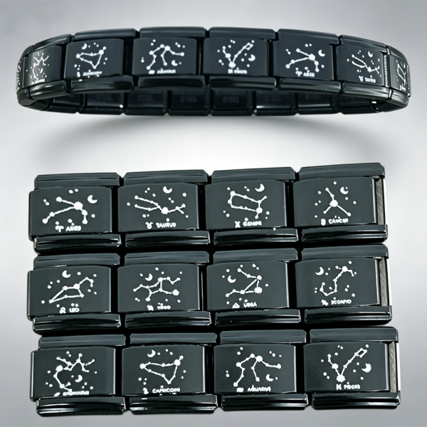 1 pieza Eslabones de pulsera modular italiana de acero inoxidable negro, 12 dijes con estampado de signos del zodíaco y constelaciones, suministros de joyería DIY con temática celestial