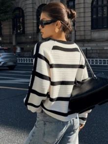Women's Casual Striped Knit Crew Neck Long Sleeve Sweater, Versatile Fashion Knitwear For Spring & Autumn - Black and White - View 4