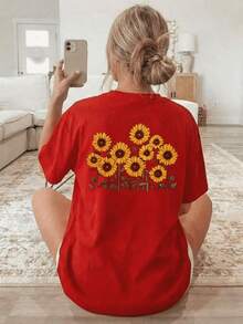 Women's Cotton T-Shirt, Round Neck, Short Sleeves, With Sunflower Print. Breathable, Comfortable, Casual And Bohemian Style, Ideal For Spring And Summer, Everyday Wear. - 紅色 - 查看 2