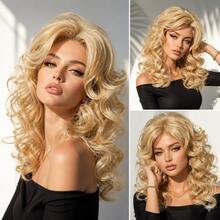 18-Inch Long Curly Wig, Gold Bangs Style, 1pc, 150% High Density Heat-Resistant Fiber, Breathable Rose Net Cap, Suitable For Daily Wear And Halloween Parties - Gold - View 4