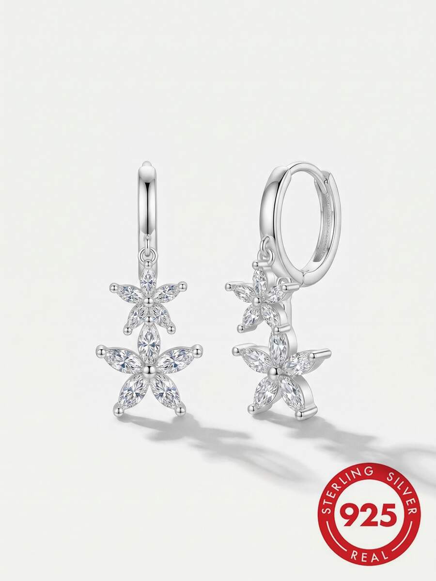 Exquisite Floral Cubic Zirconia Earrings, S925 Sterling Silver Earrings With Gift Box, Suitable For Bridesmaids And Date Wear