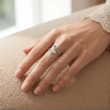 Exquisite Natural Style Blue Olive-Shaped Zirconia Leaf Open Ring - Women's Adjustable Hypoallergenic, Minimalist Natural Style Jewelry - Silver - View 3