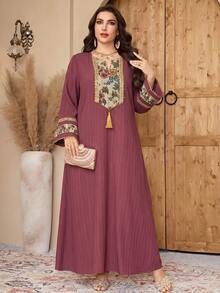 Elegant Vintage Chic Commuter Daily Gathering Heavy Embroidery Long Dress - Burgundy - View 3