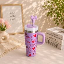 Copo Térmico 420ml/600ml/1200ml com Alça tampa e Canudo – Estampa de Corações flor com tampa de canudo - lilas - Visão 2