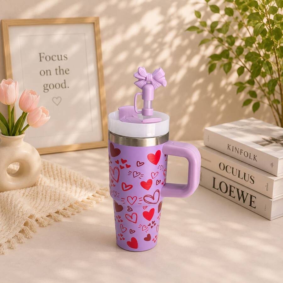 Copo Térmico 420ml/600ml/1200ml com Alça tampa e Canudo – Estampa de Corações flor com tampa de canudo