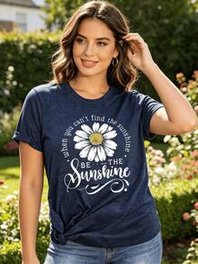 Women's Cotton Blend T Shirt  Short Sleeved Soft Loose Fit Daisy Print T Shirt With 'Be The Sunshine' Quote Lightweight Stretch Top Suitable - 藏蓝色 - 查看 3