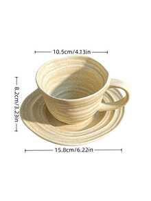 1set Vintage Sesame Matte Cup And Saucer, Wabi-Sabi Style With Rich Texture, Distressed Craftsmanship Creates A Relaxed Atmosphere. Asymmetric Shape Paired With 3D Ribbed Design, Unique And Niche. Thick And Durable Ceramic Material, Matte Frosted Texture With Delicate Touch, Suitable For Restaurant And Home. Perfect For Coffee And Tea Drinking, Unique Aesthetic And Practical, Great For Photography. - Multicolor - View 7