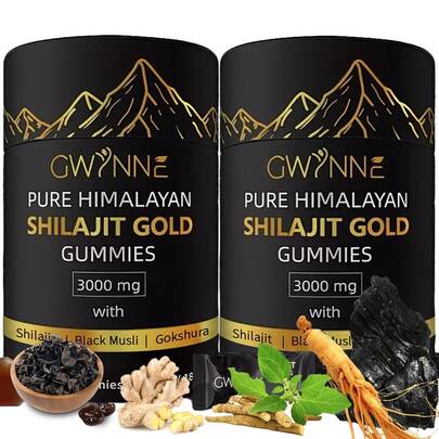 Gwynne Gummies de Shilajit Puro del Himalaya – Pack de 2 Frascos – 60 Cápsulas por Frasco – 85 Micronutrientes – Natural para Hombres y Mujeres