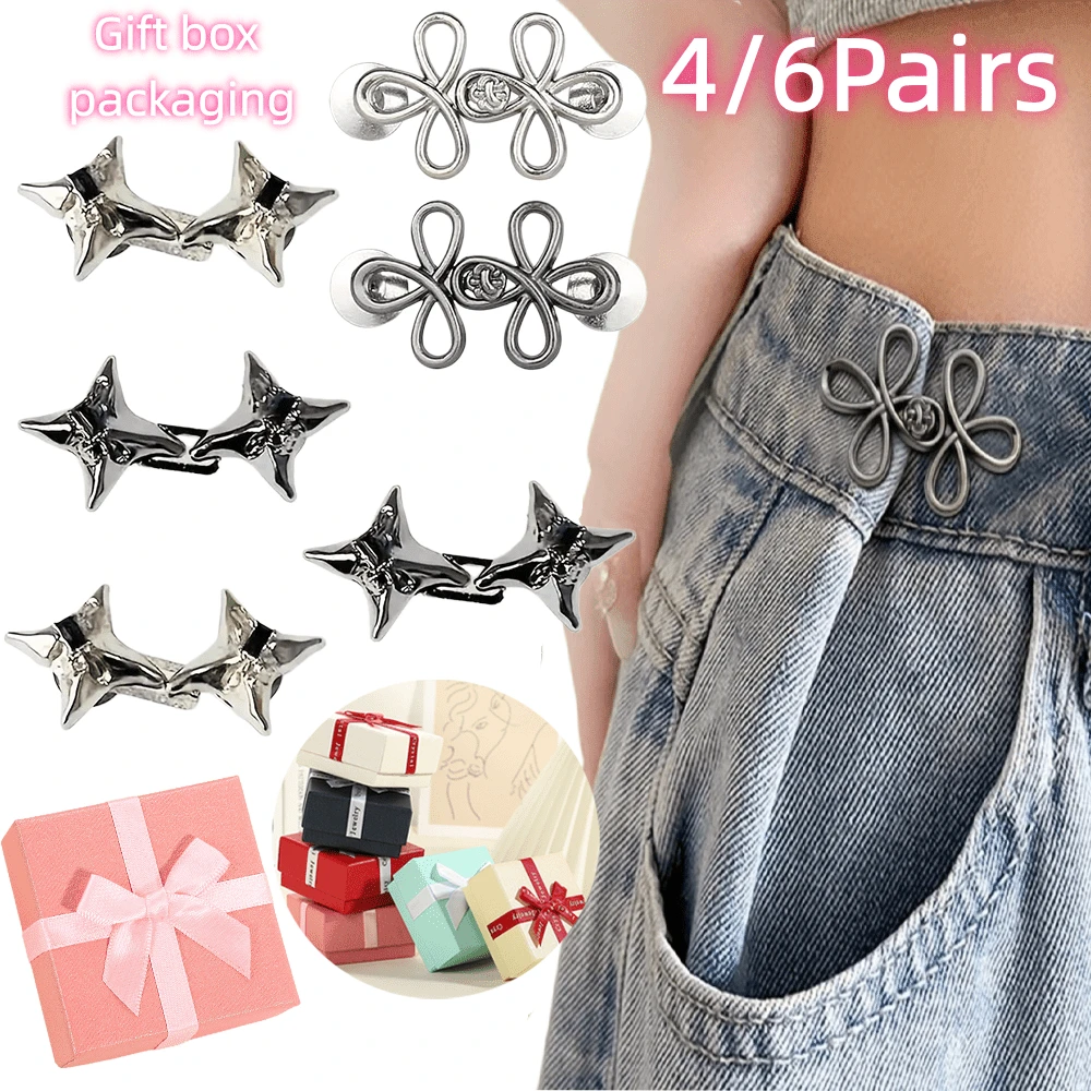 4Paare/6Paare Vier-Spitzen-Stern-Taillenschnalle ohne Nähen + Cut Out-Vierblatt-Kleeblatt-Taillenschnalle Geschenkbox-Verpackung, keine Nadel und Faden nötig, kein Lochstanzen nötig, Taillenbund einfach mit einer Klammer festziehen, wiederverwendbar, leicht zu entfernen, kompatibel mit Jeans, Freizeithosen, Cargohosen und anderen Hosenstilen