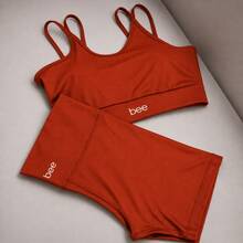Fitness Set: Gym Shorts, Cropped Top, Bee Zero, Transparency, Comfortable - Rust - View 1