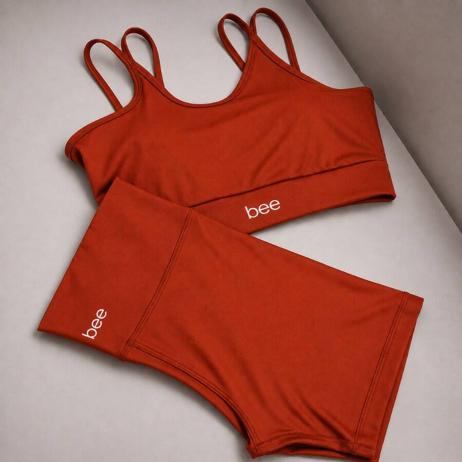 Fitness Set: Gym Shorts, Cropped Top, Bee Zero, Transparency, Comfortable - Rust - View 1